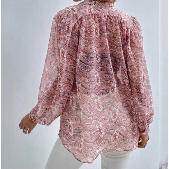 ZARA Paisley Metallic Neck Bow Pussybow Blouse, Pink - Picture 2 of 9